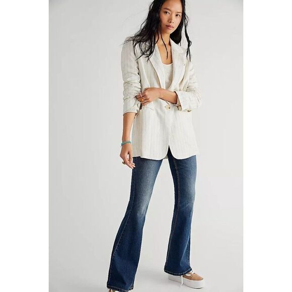 Free People Womens Size L Cream Striped Linen Crosby Blazer NEW Jacket Oversized